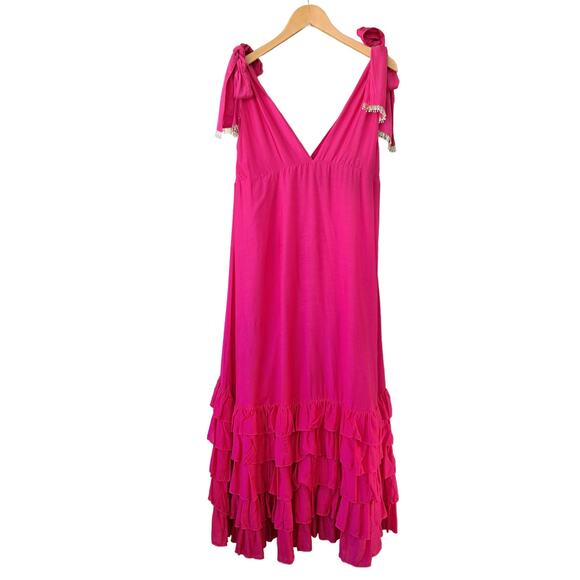 SUNDRESS Maggie Fuchsia Pink Midi Maxi Dress Large Deep V Ruffle Hem Cotton Silk - Picture 12 of 12